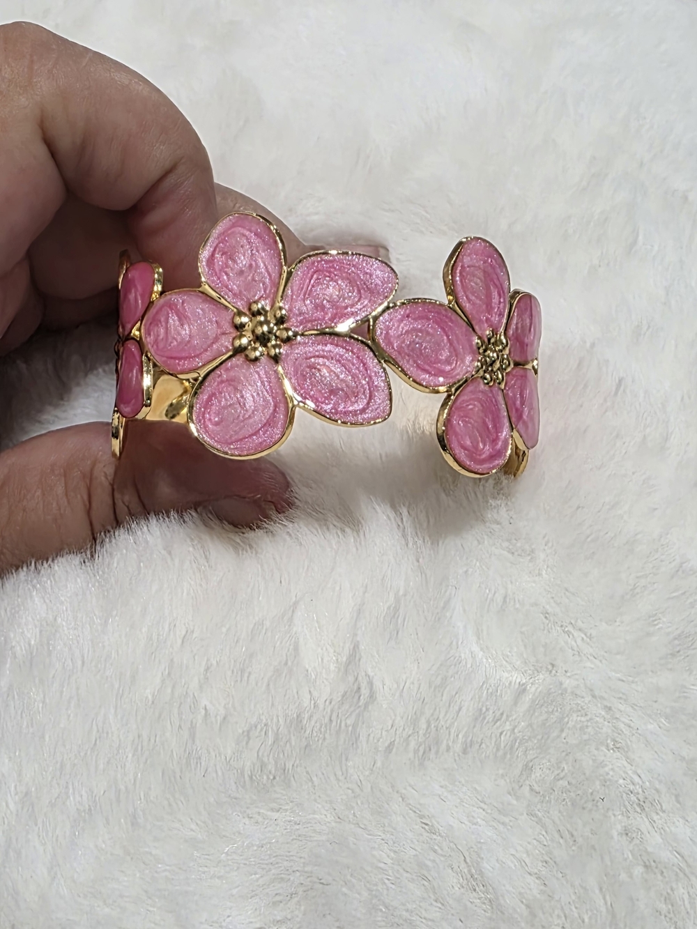 Stainless Steel Pink Floral Enamel Gold-Tone Cuff Bracelet